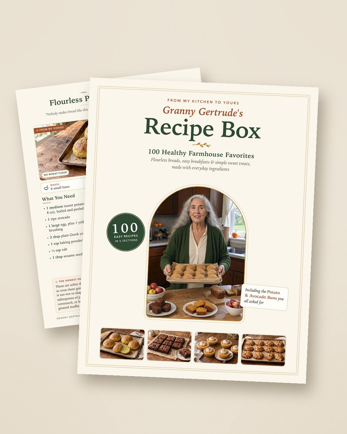The cover of Granny Gertrude’s Recipe Box, with a recipe page from the book behind it