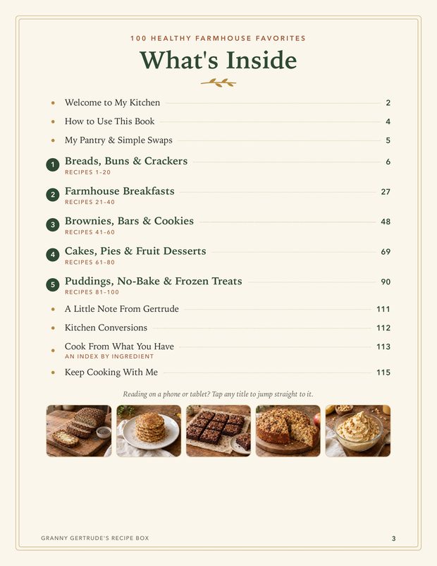 The contents page, listing the five recipe sections