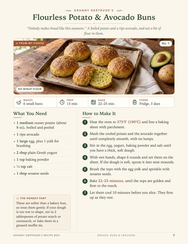 The recipe page for Flourless Potato and Avocado Buns